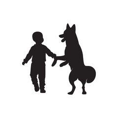 Child with dog silhouette. Child holding a dog’s paw playful minimalist silhouette.