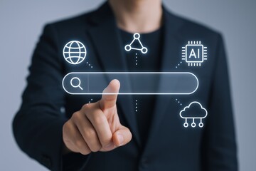Businessman touches search bar interface with AI, cloud and global network icons for technology concepts