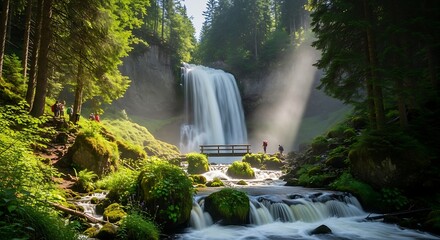 Majestic waterfall cascades through lush forest creating a tranquil scenery filled with vibrant