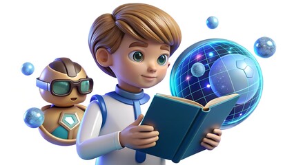 Cartoon illustration of a diverse group of children and a woman studying books and a globe together