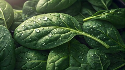 Obraz premium Fresh Green Spinach Leaves With Water Droplets Close Up Macro Photography Of Healthy Vegetables
