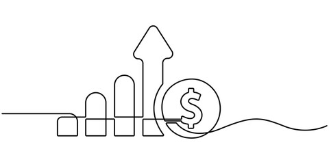 Money Inflation with increase icon continuous one line drawing, bar chart business, single line art, Flat icon of business growth. Continuous one line drawing of graph vector illustration.