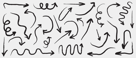 Set of hand drawn arrows doodle designs. Black doodles and scribbles isolated on white background. Sketch arrow design for business and education. Circle arrows, rotate arrow, redo process symbol