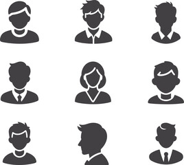 Set of user profile icons vector illustration, account, person, avatar, login, silhouette, outline and solid style, social media, contact, business, communication pictogram collection