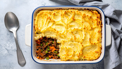 Overhead View of a Shepherd's Pie in a White Baking Dish
