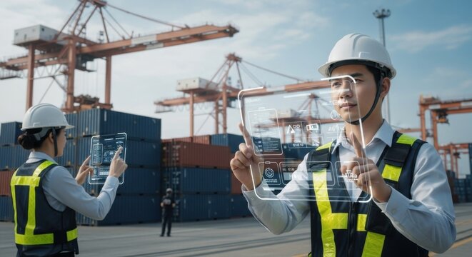 Male Engineer Using Augmented Reality Glasses at Container Port with Cranes and Stacked Shipping Containers