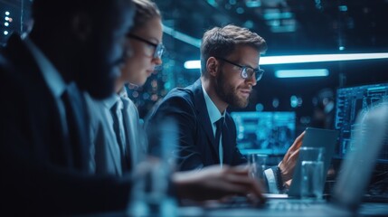Cybersecurity Professionals Analyzing Data on Multiple Screens in a High-Tech Security Operations Center