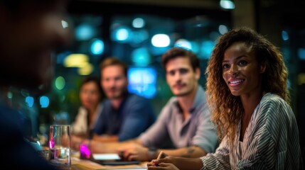 Group of Diverse Friends Enjoying a Night Out Together, Smiling and Socializing in a Restaurant