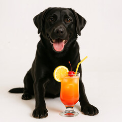 Black Labrador sitting next to colorful cocktail on white background  
