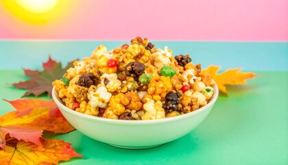 A vibrant bowl of caramel corn, studded with colorful candies and autumnal leaves, showcases a delicious autumnal treat.