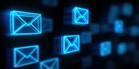 Abstract Glowing Blue Email Envelope Icons on Dark Background for Digital Communication Concepts