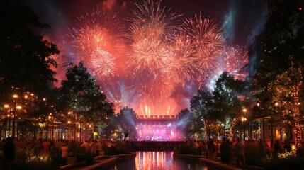 Spectacular Fireworks Display over Outdoor Concert with Crowd at Night
