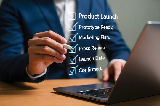 Marketing Team Celebrates Successful Product Launch with Digital Checklist on Laptop - Project Management and Go-To-Market Strategy Execution

