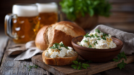 Rustic Bread and Fresh Cheese Spread with Beer on Wooden Table