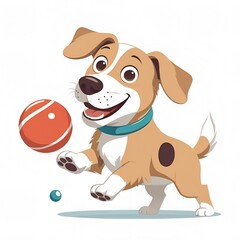 A joyful and playful cartoon dog with brown and white fur happily chases a red ball, embodying the spirit of a beloved and energetic pet ready for fun and games.