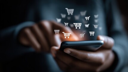 African American man using smartphone for online shopping, illustrated with shopping cart icons, representing convenience and modern commerce