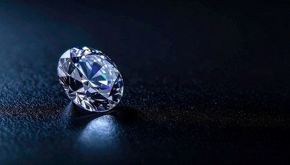 A radiant round brilliant cut diamond rests on a dark textured surface, showcasing its intricate facets and sparkling brilliance.