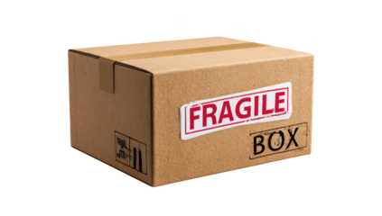 Cardboard box with "fragile" sticker, ready for shipping. Packing tape visible