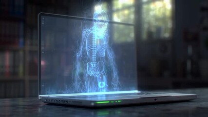 Glowing blue hologram of eerie skeleton raising hands above laptop on desk in softly lit futuristic room, perfect for tech, sci-fi, or horror themes. - Powered by Adobe