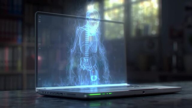Glowing blue hologram of eerie skeleton raising hands above laptop on desk in softly lit futuristic room, perfect for tech, sci-fi, or horror themes.