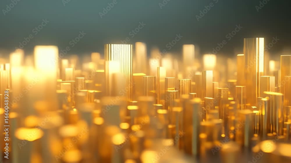 Wall mural abstract golden cityscape with rectangular metallic pillars on dark background in a digital 3d rende