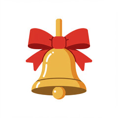 A shiny golden Christmas bell with a red ribbon and bow is a festive holiday decoration, isolated on a white background