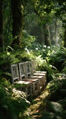 Rustic White Chairs in Lush Green Forest with Ferns and Sunlight