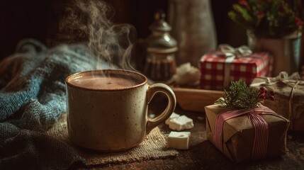 Steaming cup of cocoa surrounded by tiny wrapped presents, cozy holiday still life.