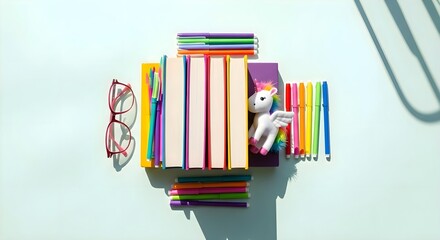 LGBTQ pride concept with rainbow pens, books, unicorn toy and glasses on pastel background