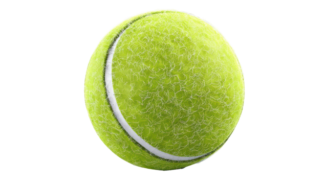 Fluffy, vibrant green tennis ball, isolated on black. Detailed texture, white stripe