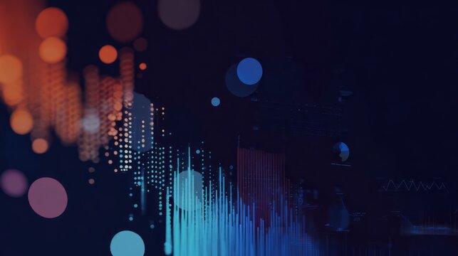 Abstract digital background with glowing dots and waveforms in blue and orange, representing data analytics, sound visualization, and futuristic technology on a dark interface with bokeh.