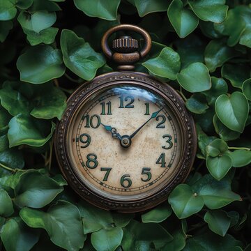 round antique pocket watch against a backdrop of green leaves