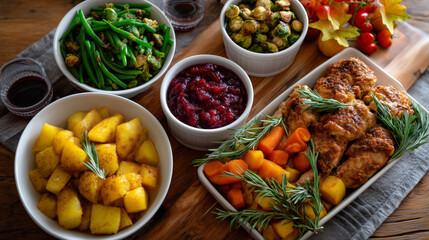 Delicious Roasted Chicken Meal with Vegetables and Cranberry Sauce