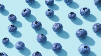 A uniform pattern of plump fresh blueberries evenly spaced in diagonal rows on a smooth pastel blue background, showcasing natural berry texture in a minimalist flat lay composition.