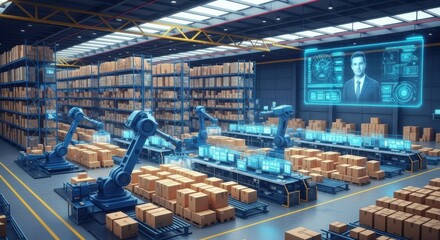 Modern Automated Warehouse with Robotic Arms and Digital Interface