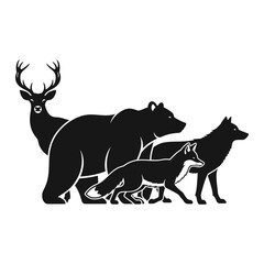 Black and white vector illustration of forest animals deer bear fox and wolf silhouette wildlife design