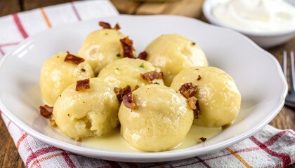 Creamy Canederli Dumplings with Bacon in a White Plate