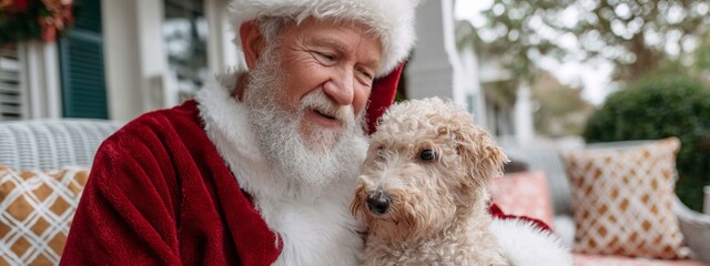 Obraz premium Santa Claus enjoys a cozy moment with a dog while sitting outside during the holiday season