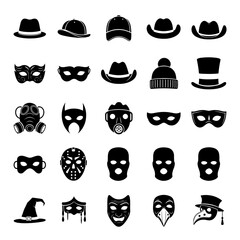 Collection of various hats and masks vector illustration for costume party and fashion accessories