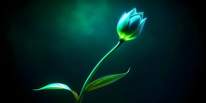 Glowing green tulip with isolated dark background and ethereal light effects