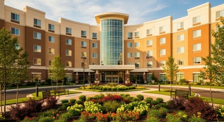 Modern Multi-story Residential Building with Well-maintained Garden and Pathways