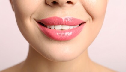 Obraz premium Close-up view of a woman's mouth with a radiant smile and vibrant pink lipstick, showcasing healthy teeth against a soft pastel background.