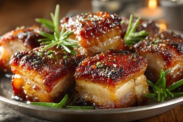 Still life: matte ceramic vase (baby's breath), textured glass bowl on wood. Dark slatted wood paneling, warmly lit below. Sophisticated, serene ambiance.