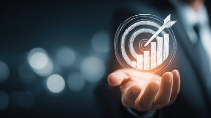 A person's hand displays a glowing holographic image of a target with an arrow hitting the bullseye and a bar graph representing achievement and success