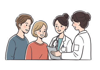 Obraz premium Illustration of Two Doctors Consulting Couple with Clipboard on White Background