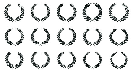 Collection of various laurel wreath designs in black on a white background