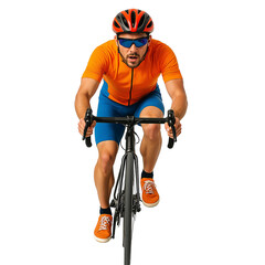 Athletic man cycling in bright orange gear on a racing bike  