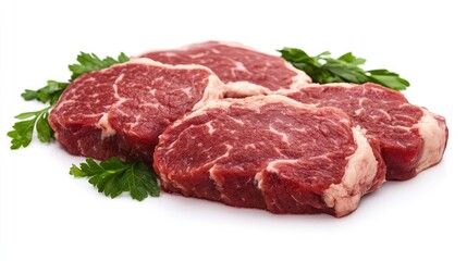 Four Raw Marbled Beef Steaks with Green Parsley Isolated on White Background for Gourmet Culinary Dining and Retail