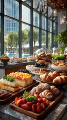 Luxurious Breakfast Buffet with Pastries, Fruit, and City View