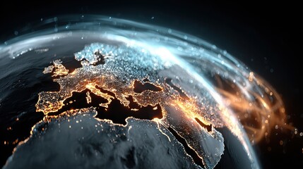 Europe at Night: City Lights on Earth Globe with Communication Network